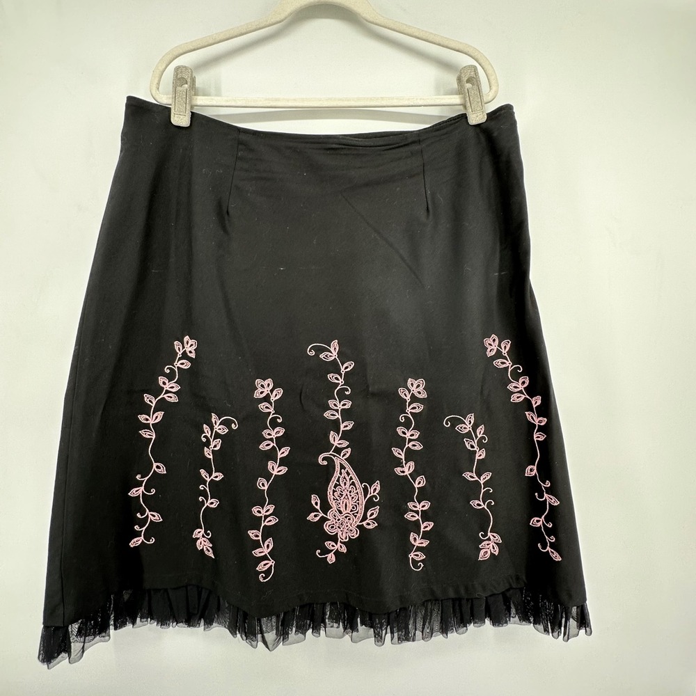 VTG Carol Little Embroidered Beaded Skirt Size 16W Tulle Retro Black Pink Pinup‎
